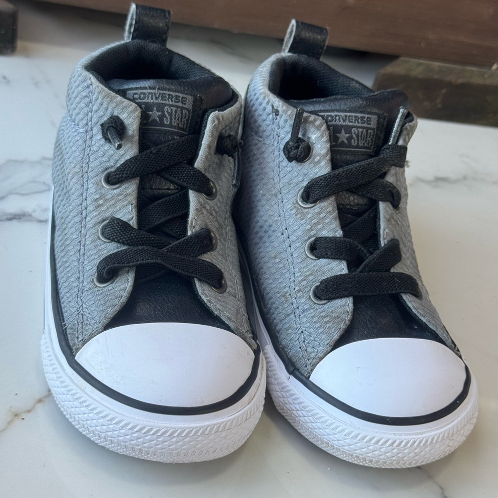 4/$15 Converse Kids Gray Fabric and Black Leather High-Top Sneakers